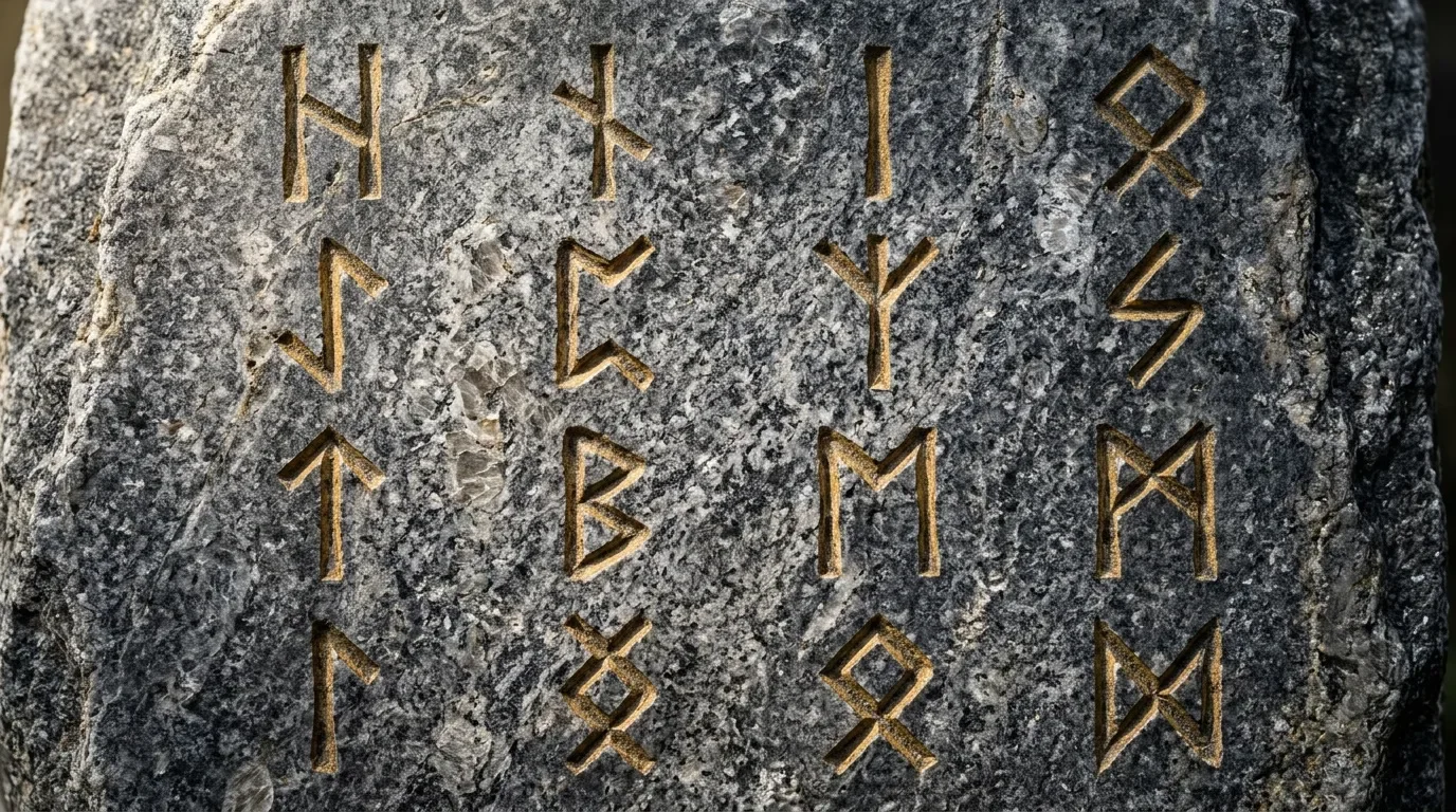 Runes grav&eacute;es en or sur pierre grise us&eacute;e