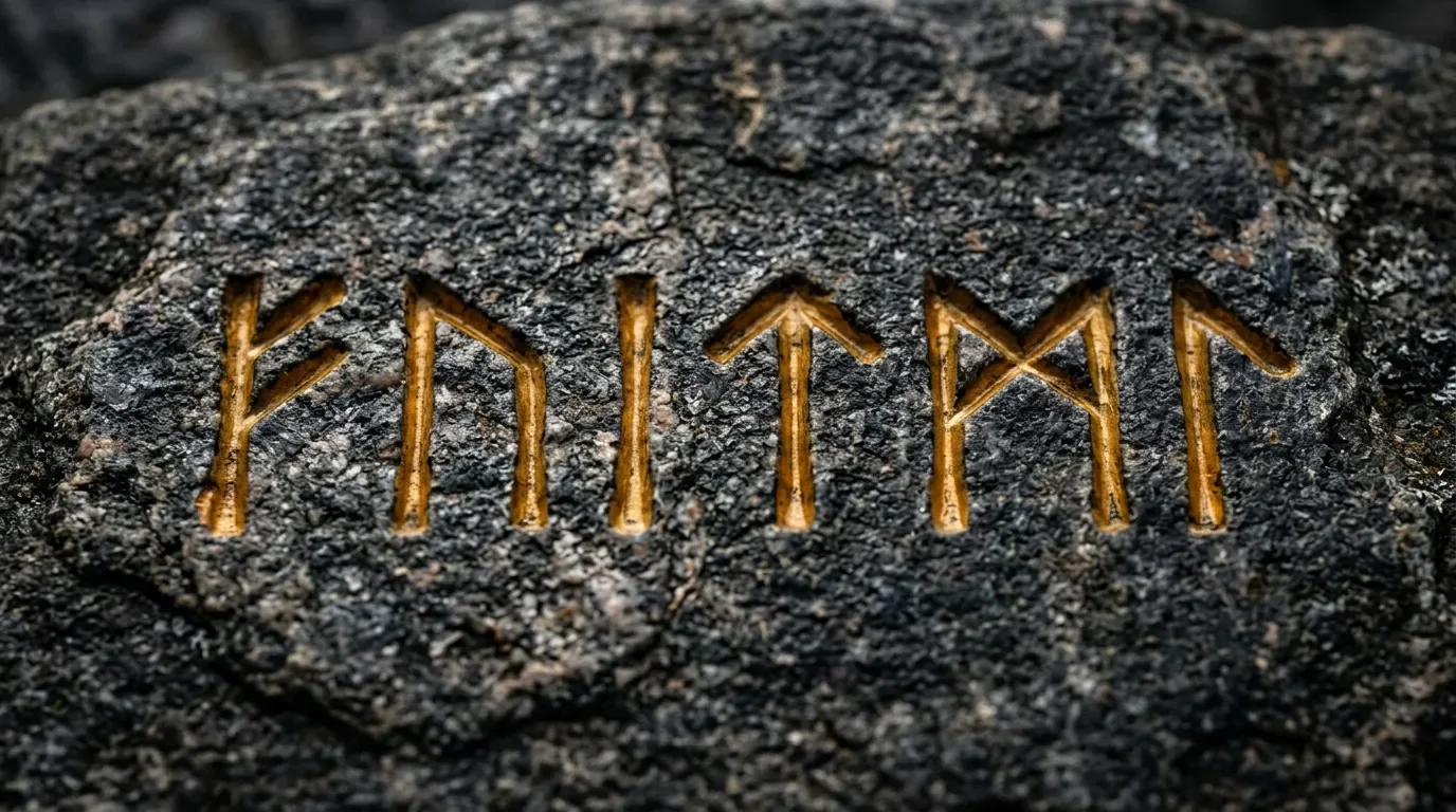 Huit runes dor&eacute;es grav&eacute;es sur une pierre grise textur&eacute;e