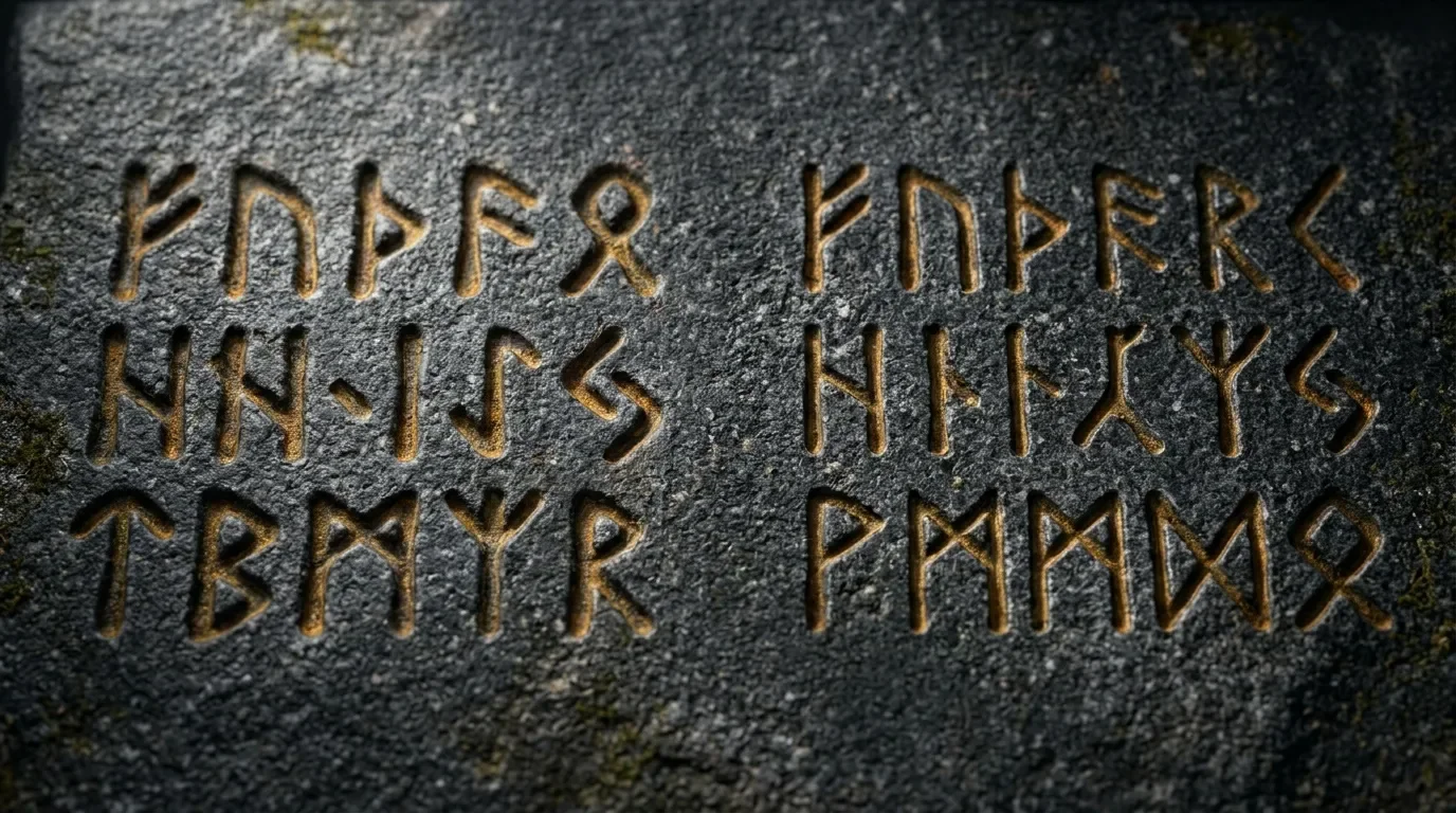 Texte en runes nordiques grav&eacute; sur pierre grise
