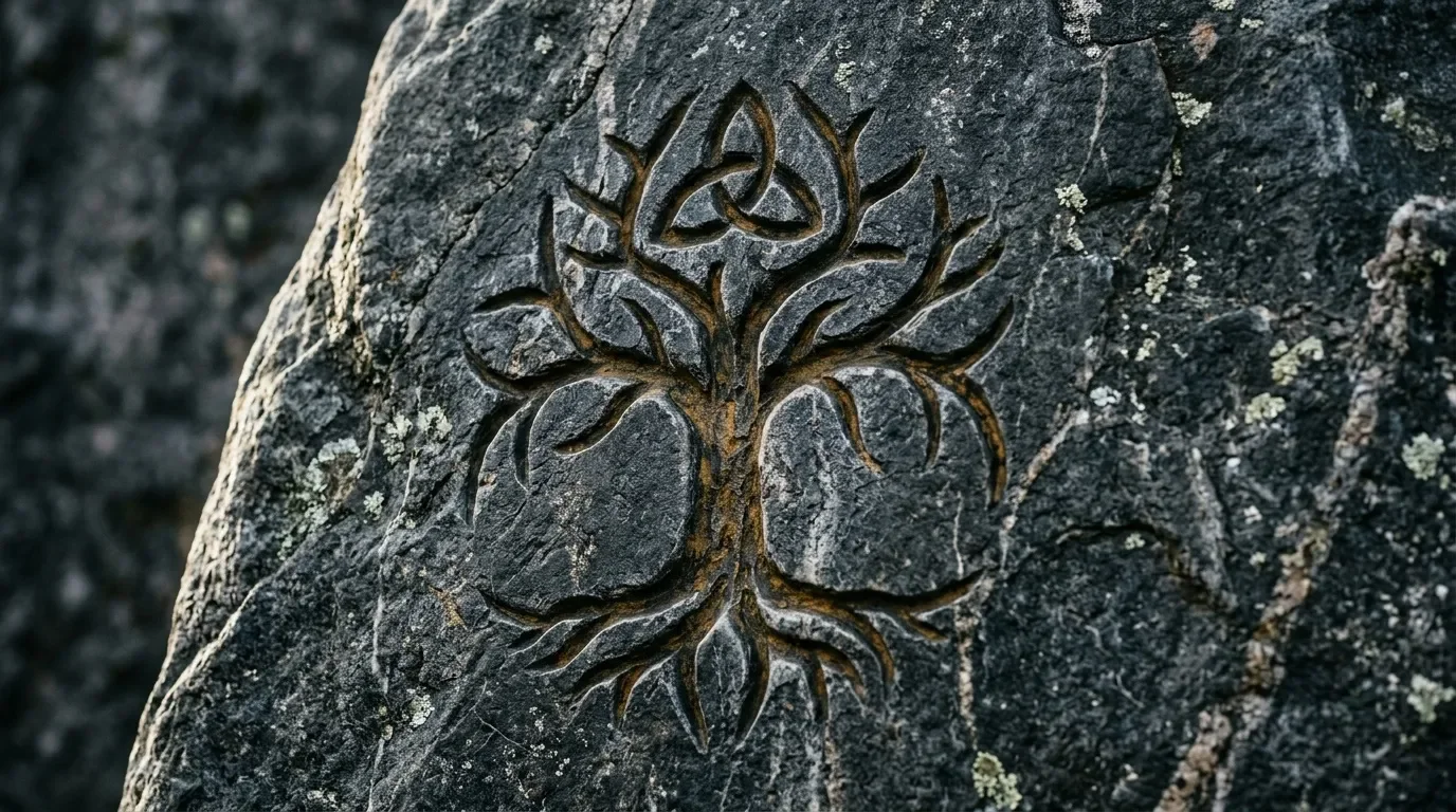 Symbole d'arbre celtique entrelac&eacute; grav&eacute; sur roche grise