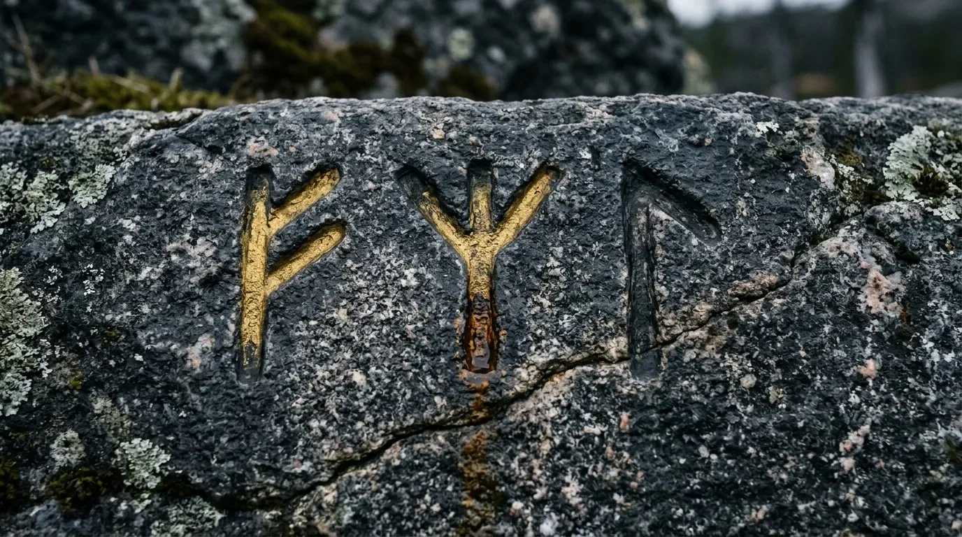 Trois runes dorées gravées sur pierre couverte de lichen