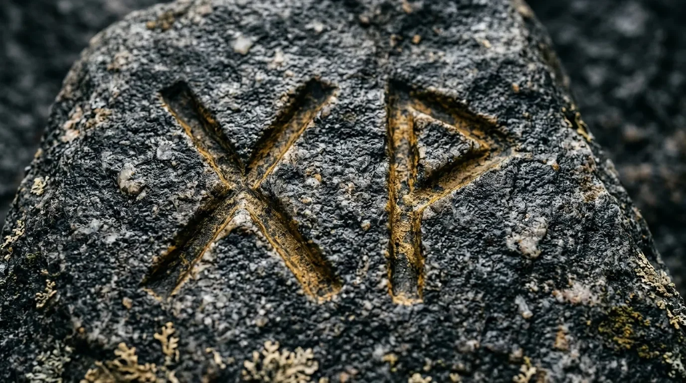 Deux runes vikings dorées gravées sur roche grise
