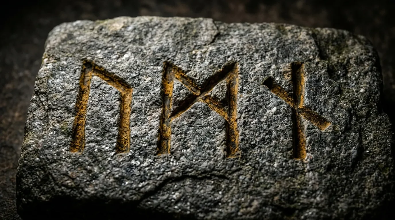 Runes nordiques sculptées dans pierre grise avec patine dorée