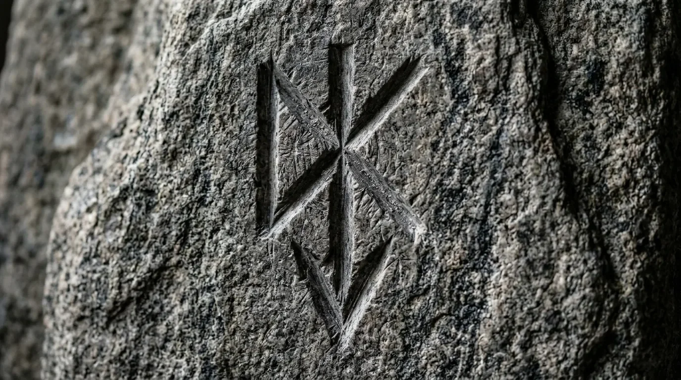 Symbole runique antique gravé profondément dans pierre texturée