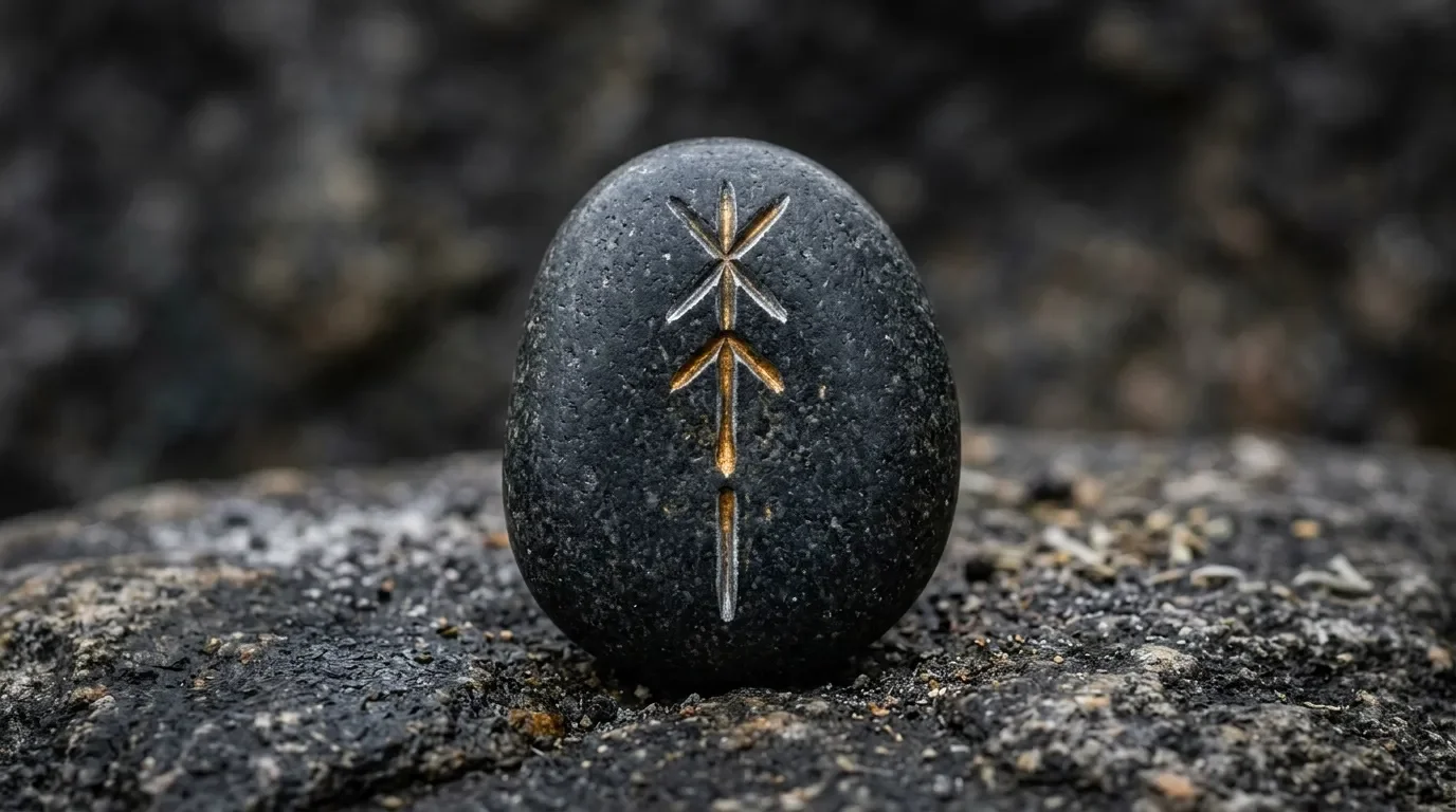 Pierre noire avec rune dor&eacute;e grav&eacute;e dessus
