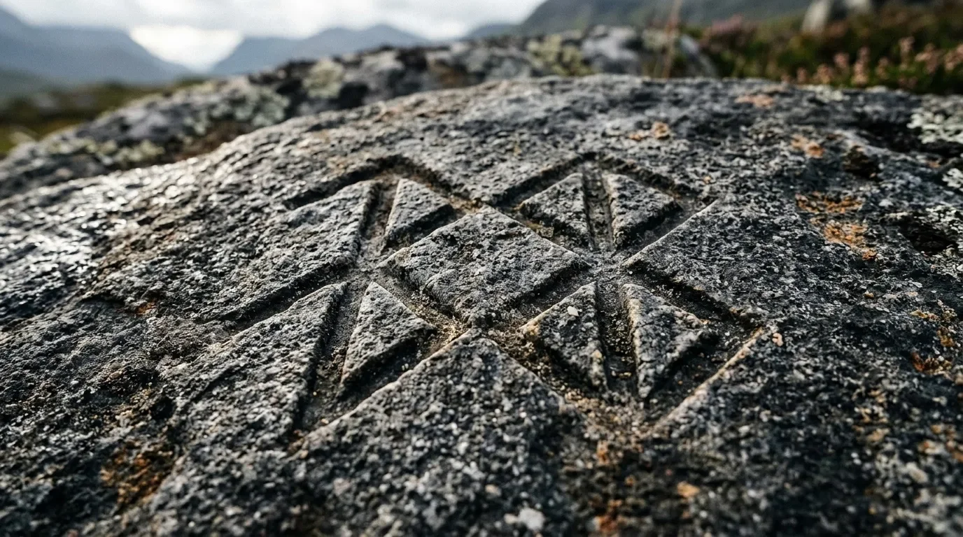 Motifs g&eacute;om&eacute;triques grav&eacute;s sur roche grise en montagne