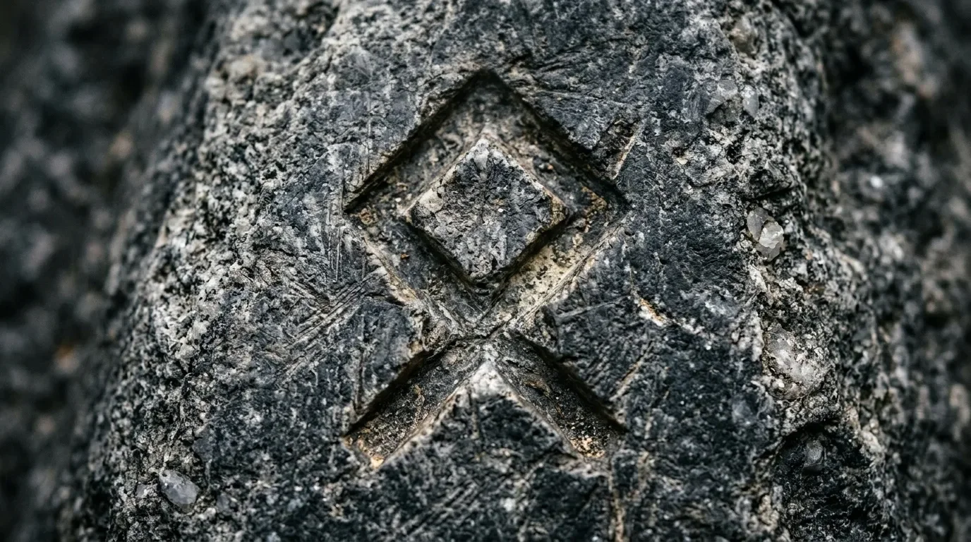 Croix et losange grav&eacute;s sur surface rocheuse grise us&eacute;e