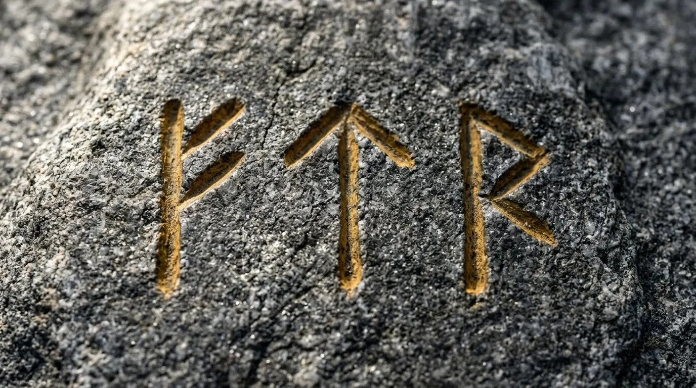 Trois runes dorées gravées sur surface rocheuse texturée