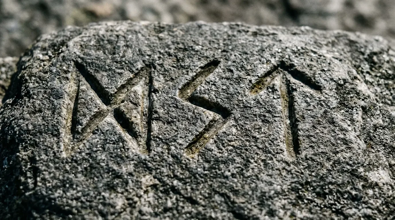Runes ou symboles antiques grav&eacute;s sur surface rocheuse grise