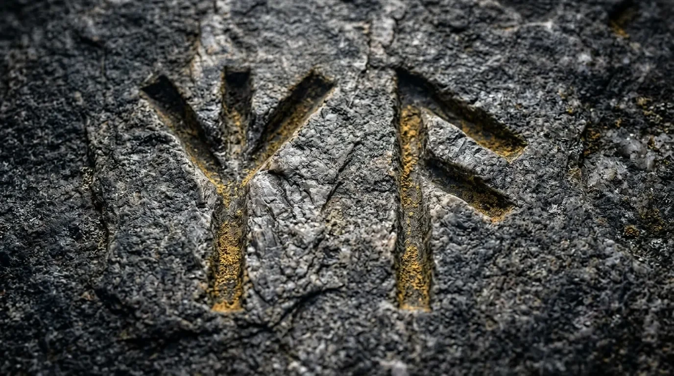 Symbole triangulaire grav&eacute; dans pierre grise avec dorure