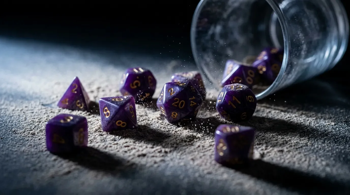 Dés polyhédriques violets avec chiffres dorés renversés du gobelet