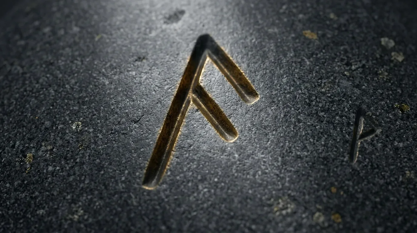 Rune métallique dorée gravée sur surface rocheuse texturée
